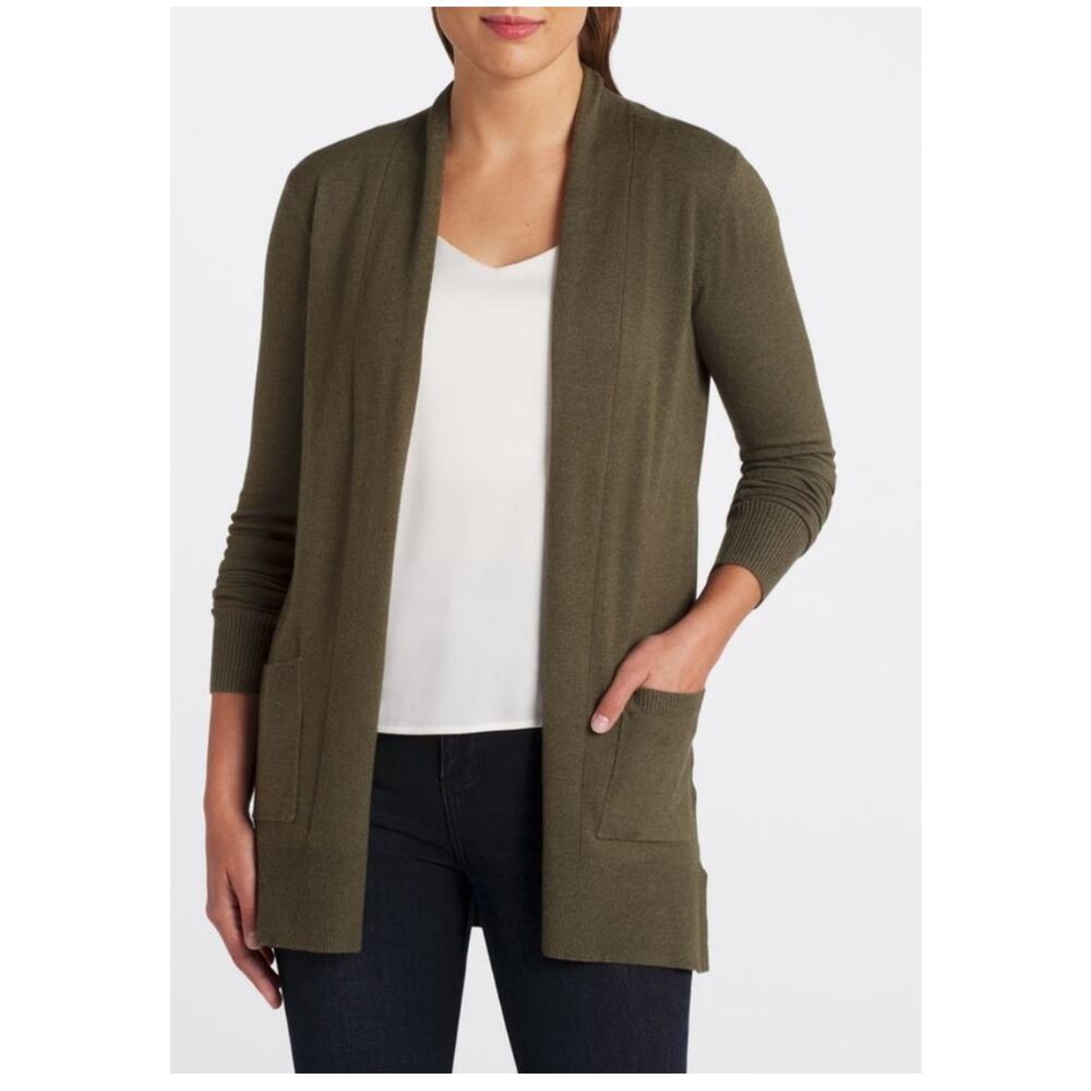 NWOT Stitch Fix Pink Clover Penton Open Front Olive Green Cardigan‎ S Lagenlook